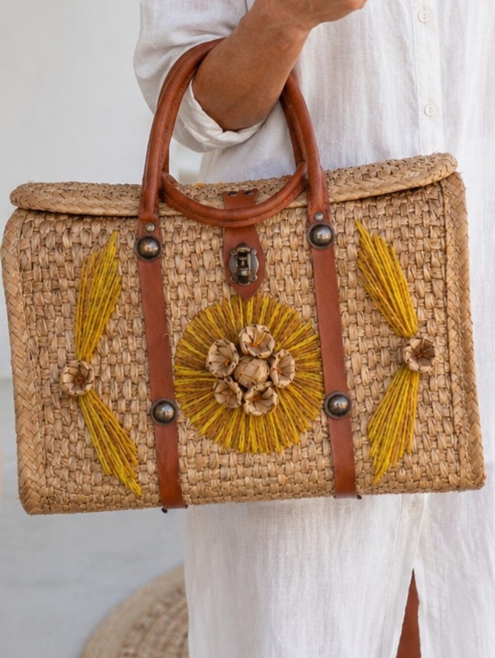 Woven Straw Tote Bag with Yellow Embroidery